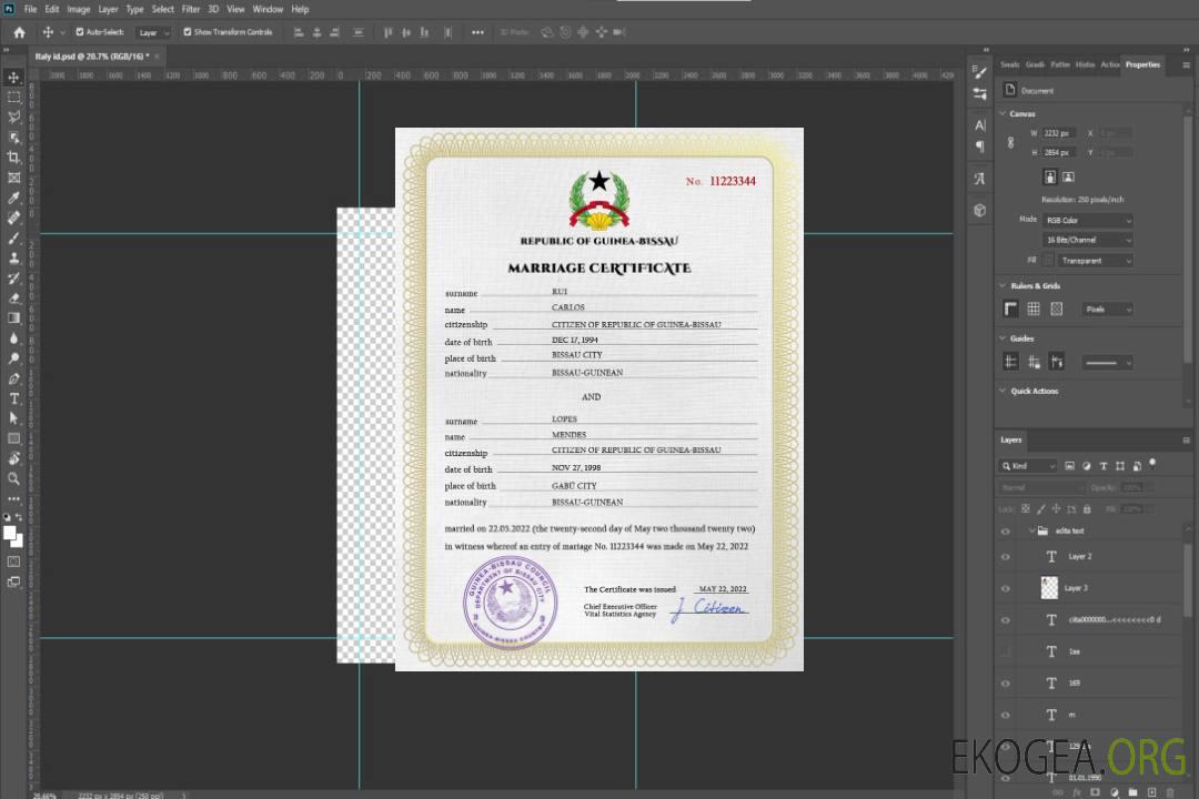 Modèle PSD de certificat de mariage Guniea-Bissau template